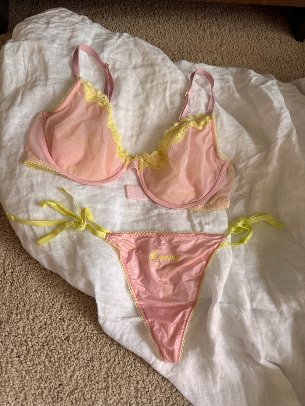 Victoria's Secret Pink Bra & Yellow Lace Tie-Side Thong
